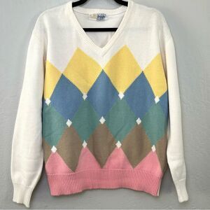 Vintage Pringle Argyle Cotton Sweater Pink Yellow Blue Pastel Golf Preppy Large